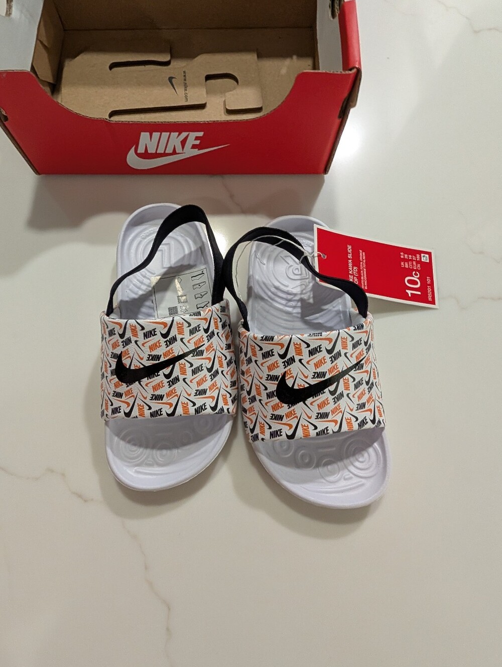 Nike White Slides with Orange & Black Logo Print for Kids Size 10C *BRAND NEW*
